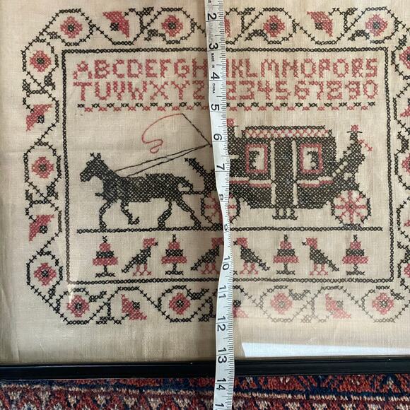 Framed Cross Stitch Embroidered Sampler Red/Black Stage Coach Horse & Driver - Picture 8 of 8